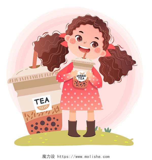 卡通风格女孩喝奶茶插画png素材珍珠奶茶元素